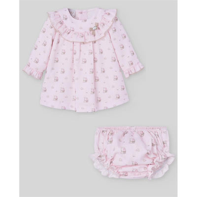 Woven light pink newborn dress with ruffled collar and bloomers, featuring a cute animal print throughout.