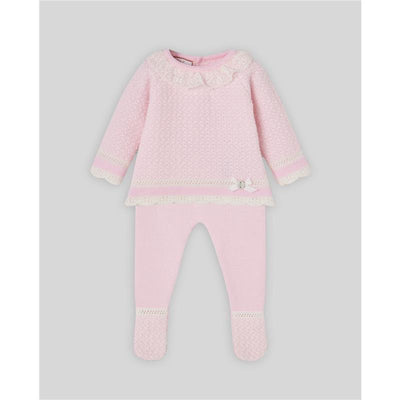 Light pink and cream knit newborn sweater with ruffled neckline and matching leggings, featuring decorative bow detail.
