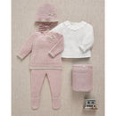 Knit newborn sweater and leggings set in powder pink and light brown, includes a matching hat and blanket.