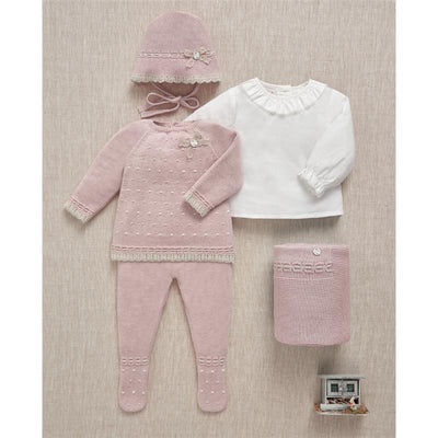 Knit newborn sweater and leggings set in powder pink and light brown, includes a matching hat and blanket.