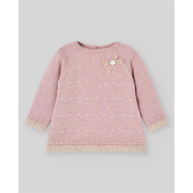 Powder pink knit newborn sweater featuring decorative polka dots, a lace trim, and a bow detail with a button.