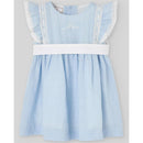 Light blue woven dress for infant girls, featuring frilled sleeves, lace trim, and a white waistband, suitable for ceremonies.