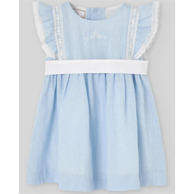 Light blue woven dress for infant girls, featuring frilled sleeves, lace trim, and a white waistband, suitable for ceremonies.