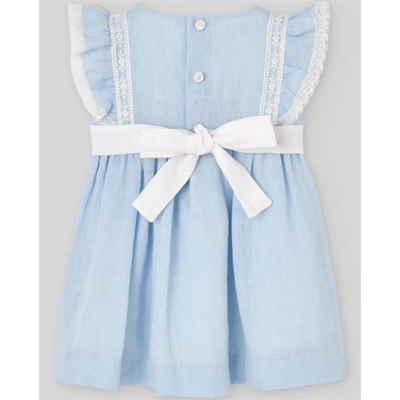 Woven dress for infant girls in chalk blue, featuring lace trim, ruffled sleeves, buttons, and a white bow belt.