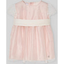 Woven powder pink infant girl dress by Paz Rodriguez, featuring lace cap sleeves and a decorative waistband.