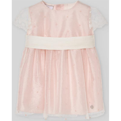 Woven powder pink infant girl dress by Paz Rodriguez, featuring lace cap sleeves and a decorative waistband.