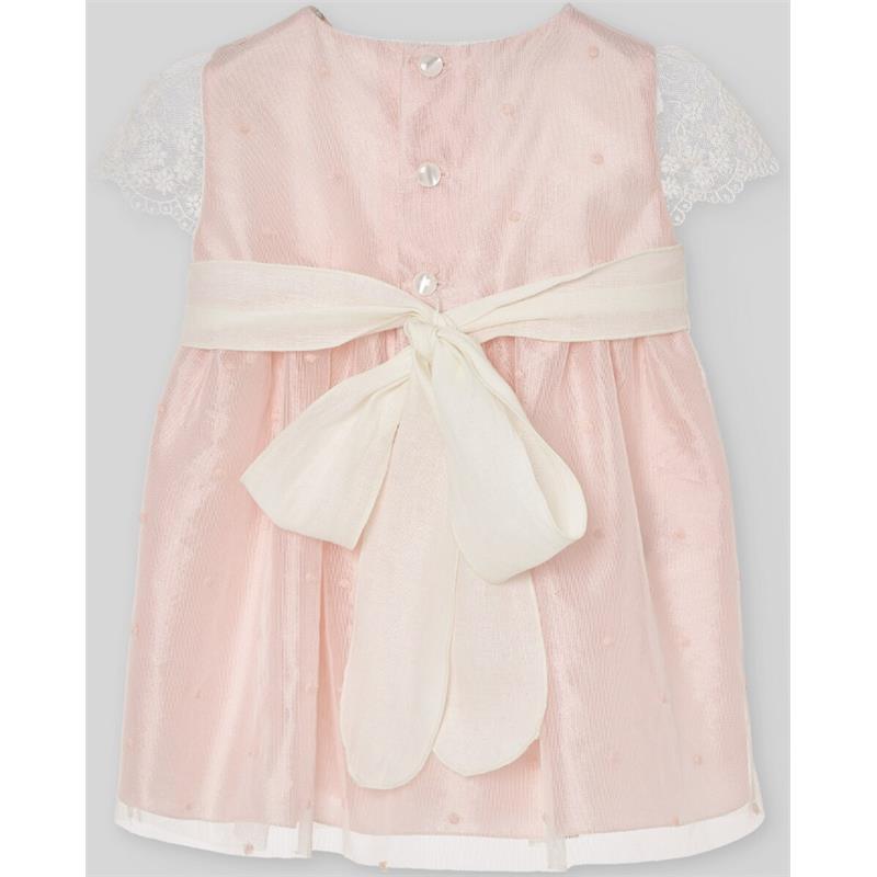 Woven infant girl dress in powder pink with lace short sleeves and a white satin belt. Suitable for ceremonies.
