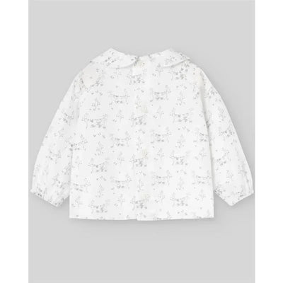 Woven grey pear blouse for newborns featuring a floral pattern and button closure, designed by Paz Rodriguez.