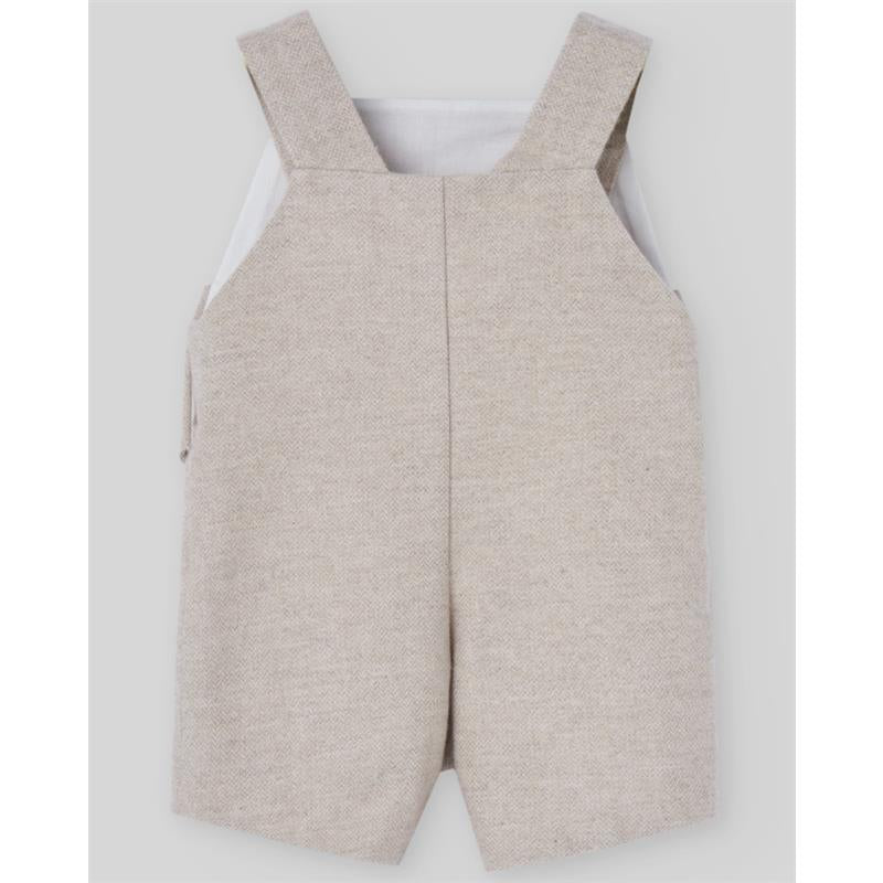 Light brown woven overall for newborns, featuring adjustable straps and a shorts design.