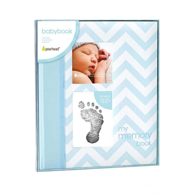 Pearhead Baby First 5 Years Memory Book in blue, featuring space for photos, a footprint imprint, and zigzag design.