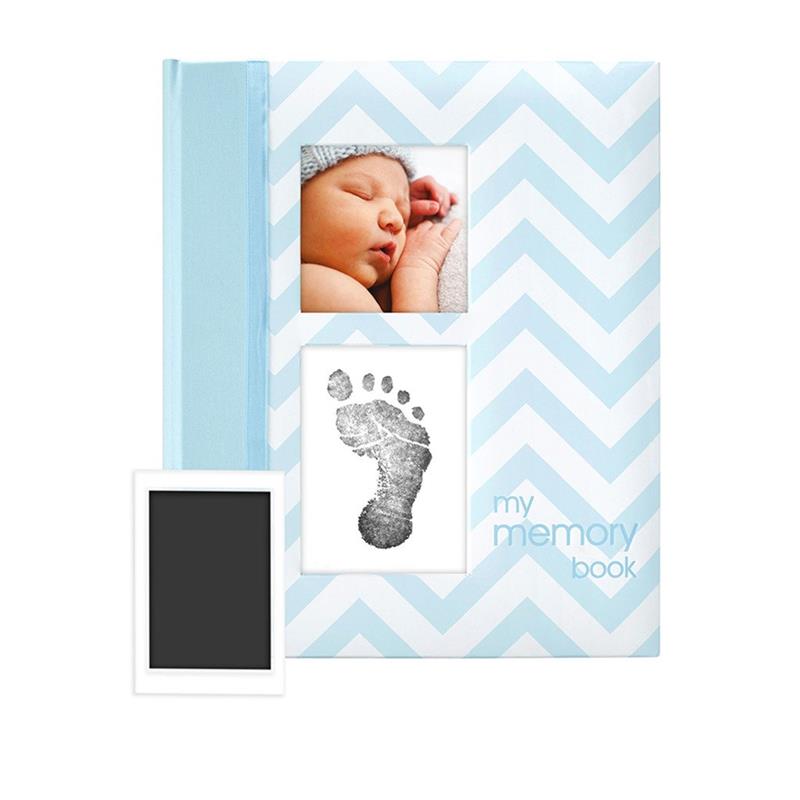 Baby memory book with blue chevron design, featuring a sleeping baby photo, a footprint impression, and space for a photo.
