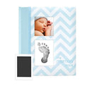 Baby memory book with blue chevron design, featuring a sleeping baby photo, a footprint impression, and space for a photo.