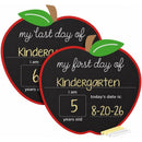 Chalkboard signs shaped like apples for the first and last day of kindergarten, with spaces for age and date.