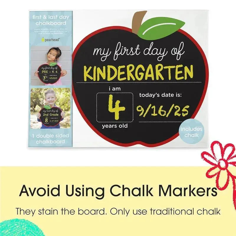 Chalkboard for first and last day of school by Pearhead, featuring an apple design with space for age and date.