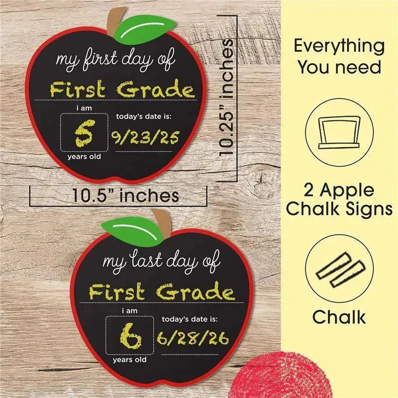 First and last day of school chalkboard signs shaped like apples, showing grades, ages, and dates for photo opportunities.