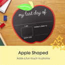 Chalkboard shaped like an apple for recording last day of school details, with spaces for date and age.