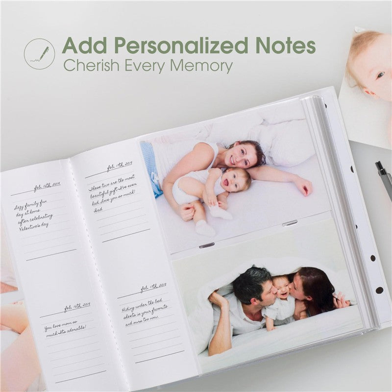 Pearhead Baby Photo Album with guided journal pages displaying family photos and spaces for personalized notes.