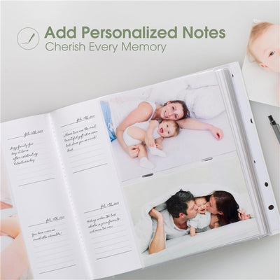 Pearhead Baby Photo Album with guided journal pages displaying family photos and spaces for personalized notes.