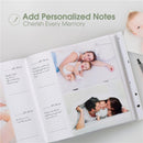 Pearhead Baby Photo Album with guided journal pages displaying family photos and spaces for personalized notes.