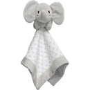 Gray elephant security blanket lovey with plush elephant head and soft patterned fabric. Ideal for comfort and companionship.