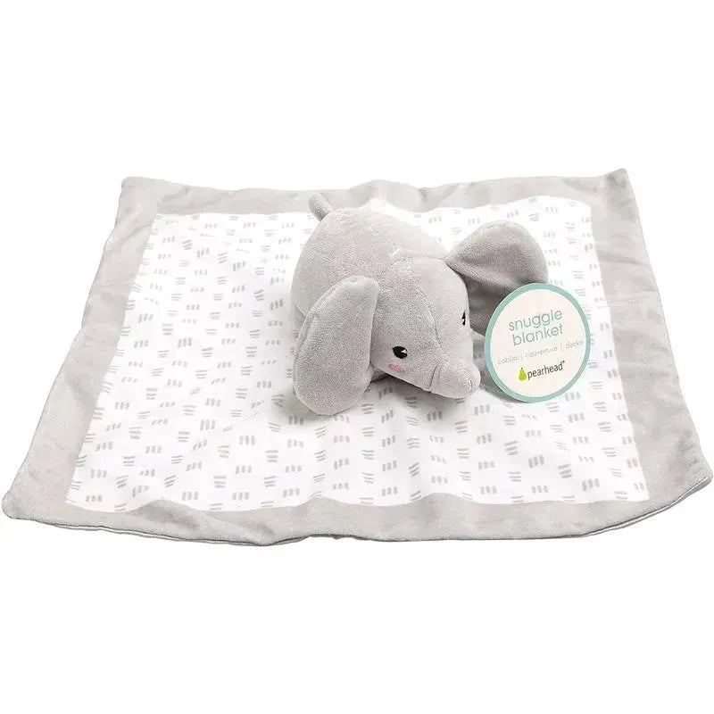 Gray elephant plush toy on a soft blanket featuring a simple pattern, labeled as a Pearhead snuggle blanket lovey.