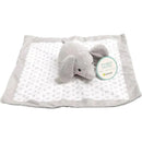 Gray elephant plush toy on a soft blanket featuring a simple pattern, labeled as a Pearhead snuggle blanket lovey.