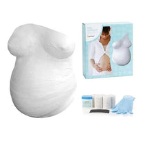 Belly casting kit by Pearhead with a white plaster cast, packaging, gloves, and supplies for creating a pregnancy belly mold.