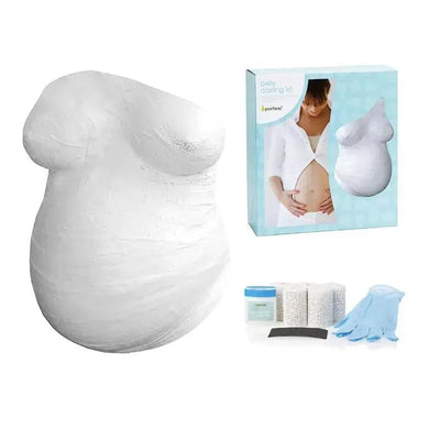 Belly casting kit by Pearhead with a white plaster cast, packaging, gloves, and supplies for creating a pregnancy belly mold.