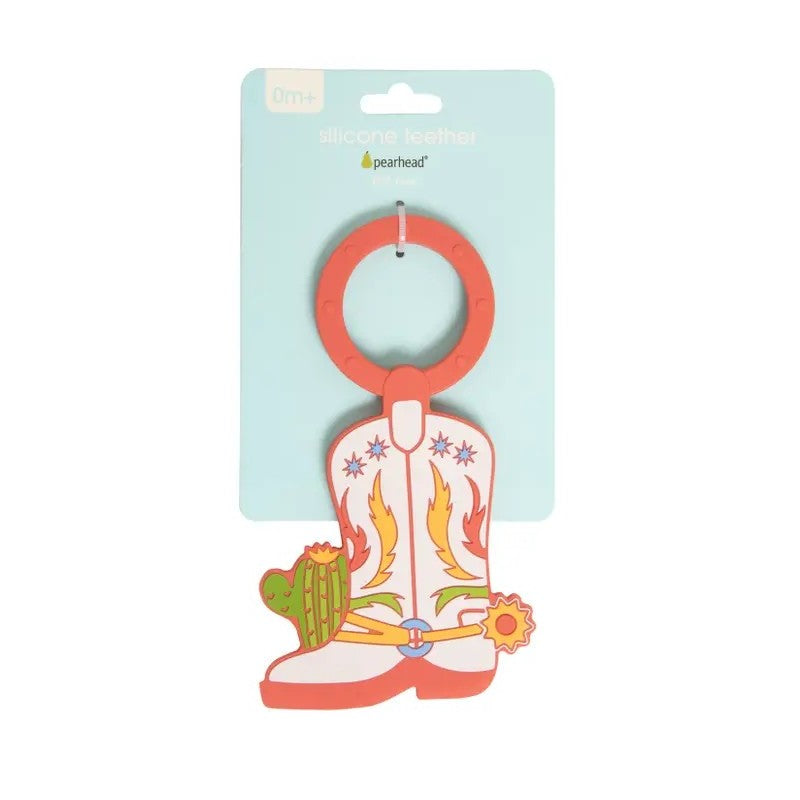 Silicone teether in the shape of a colorful cowboy boot with a cactus and star designs, suitable for infants.