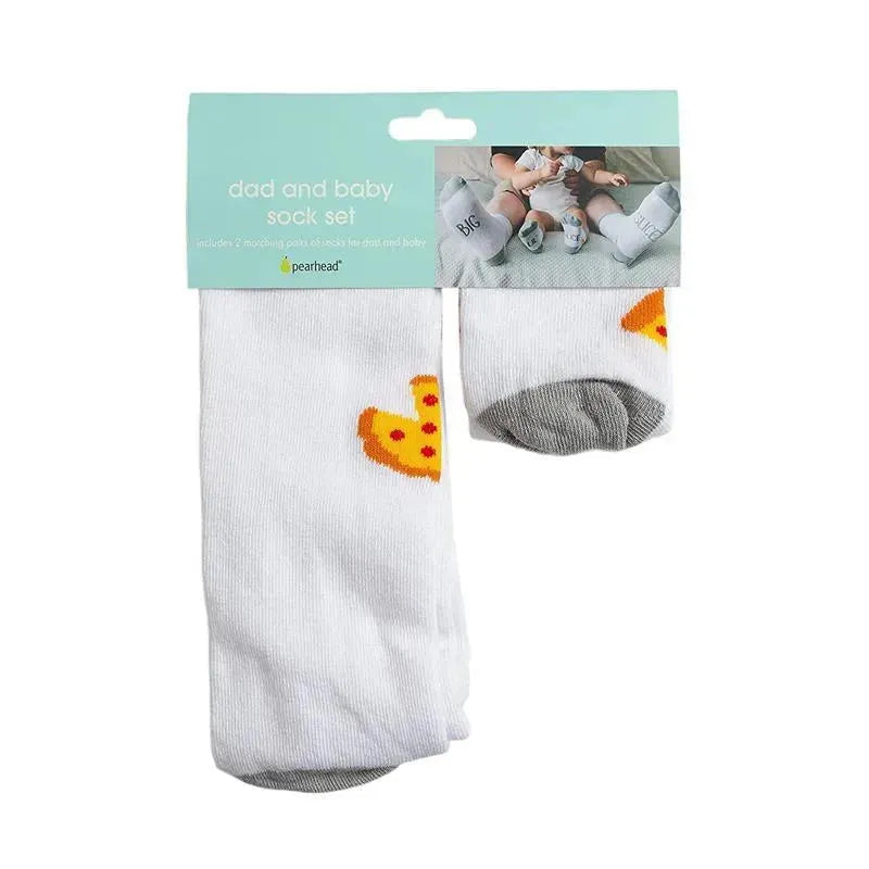 Matching sock set for dad and baby featuring a pizza design, packaged with a blue header card.