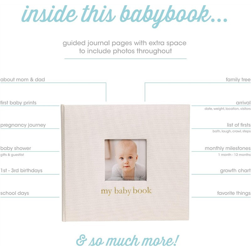 Ivory linen baby memory book with a framed photo window, featuring guided journal pages for capturing milestones and memories.