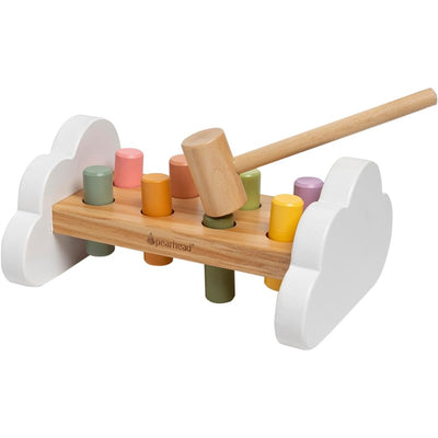 Montessori hammer bench toy by Pearhead featuring a wooden hammer and colorful pegs in a cloud-shaped design.