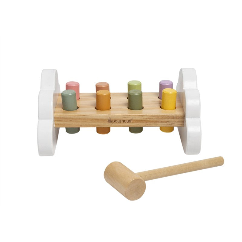 Montessori Hammer Bench Toy by Pearhead with colorful wooden pegs and a wooden hammer for toddler play.
