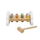 Montessori Hammer Bench Toy by Pearhead with colorful wooden pegs and a wooden hammer for toddler play.