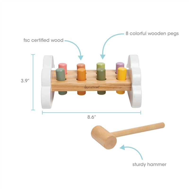 Montessori Hammer Bench Toy by Pearhead featuring 8 colorful wooden pegs, a sturdy hammer, and FSC certified wood.