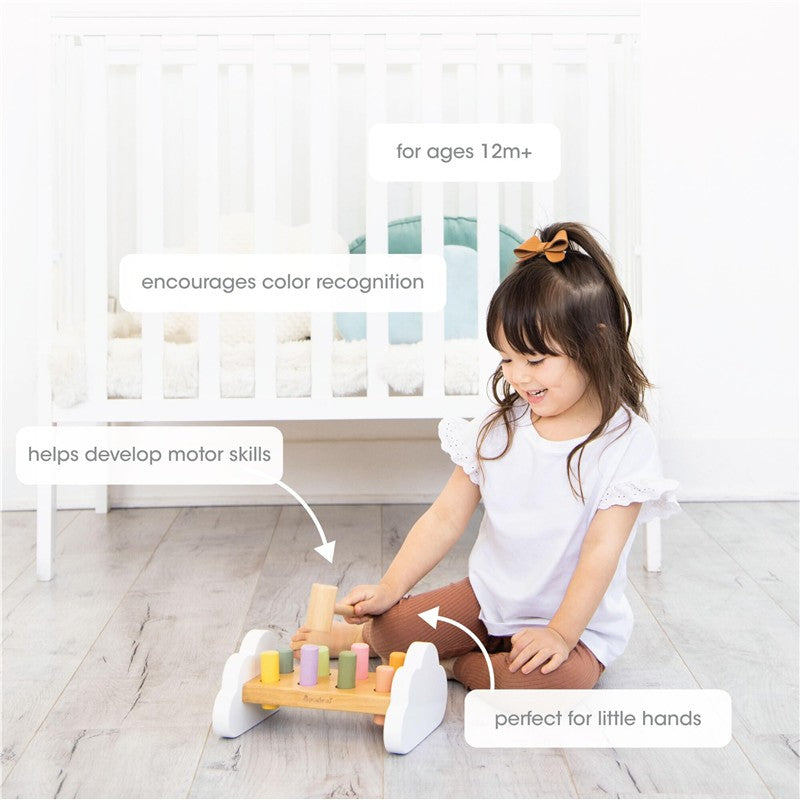 Montessori Hammer Bench Toy with colorful pegs and a hammer, designed for children 12 months and older to develop motor skills.