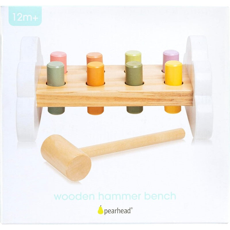 Montessori hammer bench toy by Pearhead with colorful wooden pegs and a hammer for toddlers aged 12 months and older.