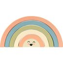 Wooden rainbow stacking toy with five colorful arches, featuring a smiling sun design on the bottom piece.