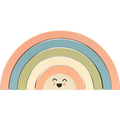 Wooden rainbow stacking toy with five colorful arches, featuring a smiling sun design on the bottom piece.