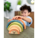 Wooden Rainbow Stacking Toy by Pearhead, featuring colorful arches with a smiling face, used for play and learning.
