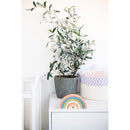 Wooden rainbow stacking toy featuring pastel colors and a smiling face, placed beside a green potted plant.