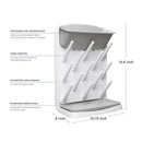Ubbi Vertical Baby Bottle Drying Rack in gray, featuring 13 pegs for drying bottles, removable top compartment and bottom tray.