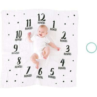 Milestone blanket with black and white month markers, featuring a baby lying on it, ready for monthly growth photos.