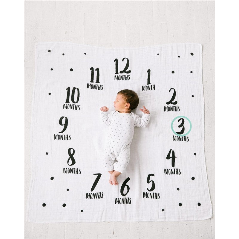 Milestone blanket featuring numbers 1-12 months in black text on a white background, with a baby lying on it at 3 months.