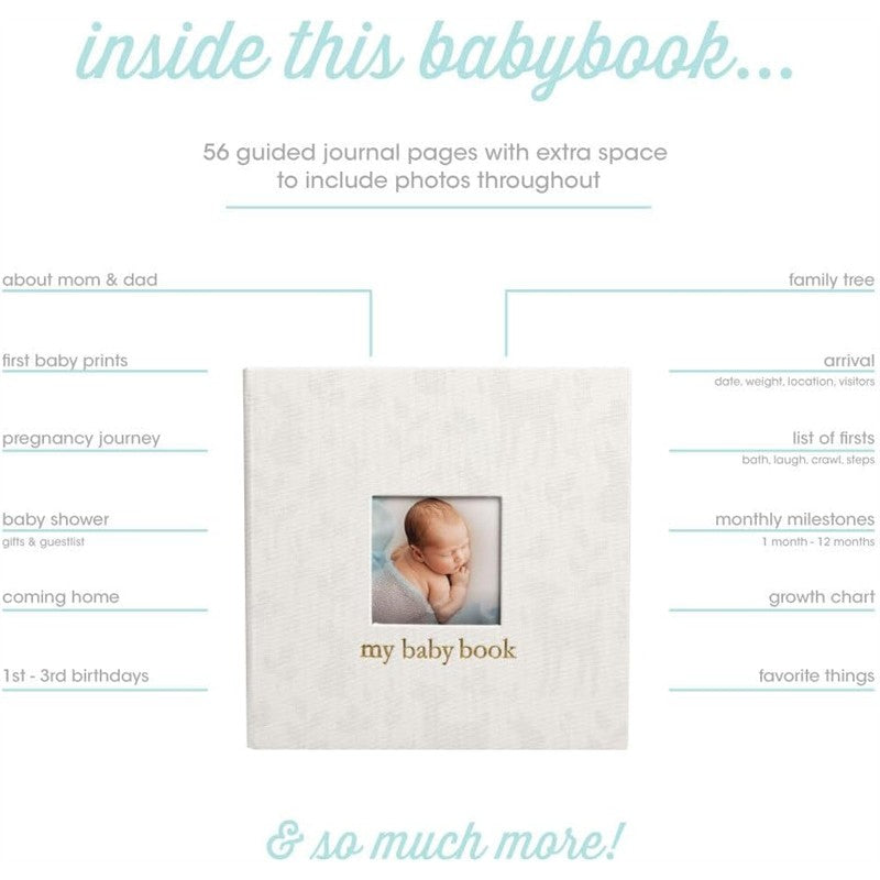 Square baby book with a deer print cover, featuring a framed photo space and text highlighting included journal topics.