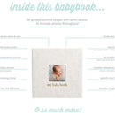Square baby book with a deer print cover, featuring a framed photo space and text highlighting included journal topics.