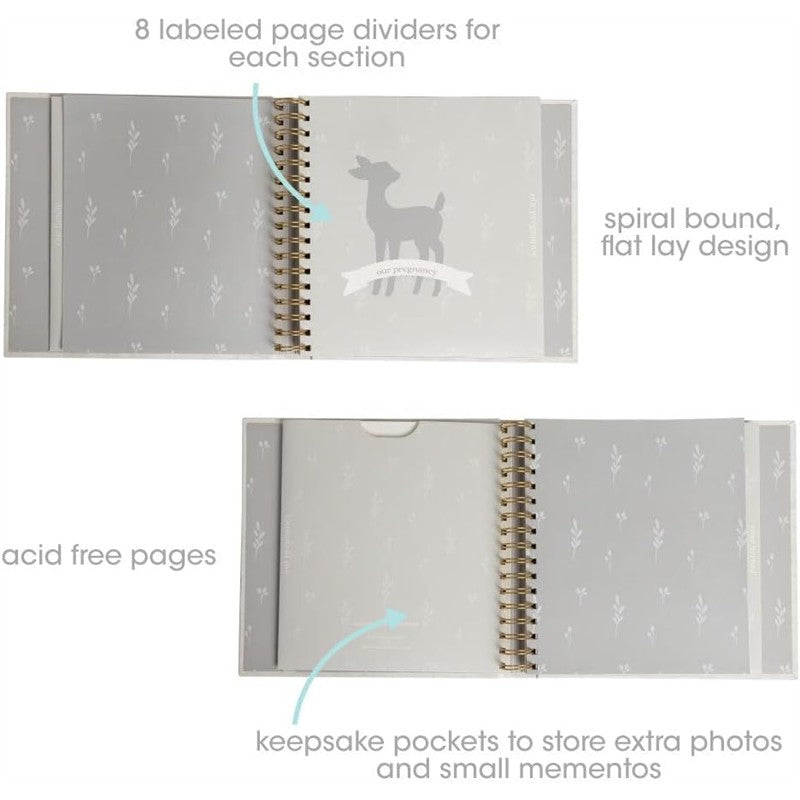 Square baby memory book with a deer print design, featuring spiral binding, labeled dividers, and keepsake pockets.