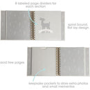 Square baby memory book with a deer print design, featuring spiral binding, labeled dividers, and keepsake pockets.