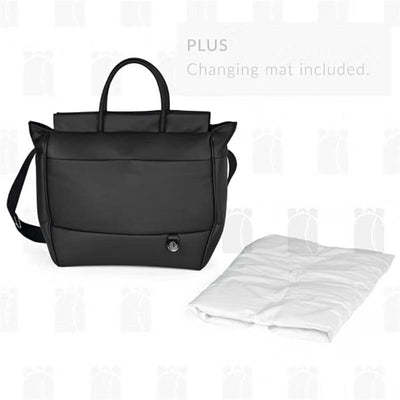 Black Peg Borsa Baby Bag, Mon Amour, displayed with a white changing mat included.