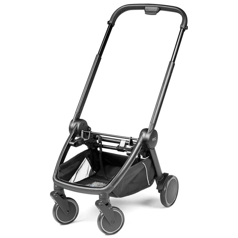 Black Peg City Loop Chassis stroller with a sleek design, featuring a fabric storage basket and front swivel wheels.